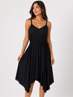 GAP Black Handkerchief Hem Midi Dress Size 12 Tie Waist Lined